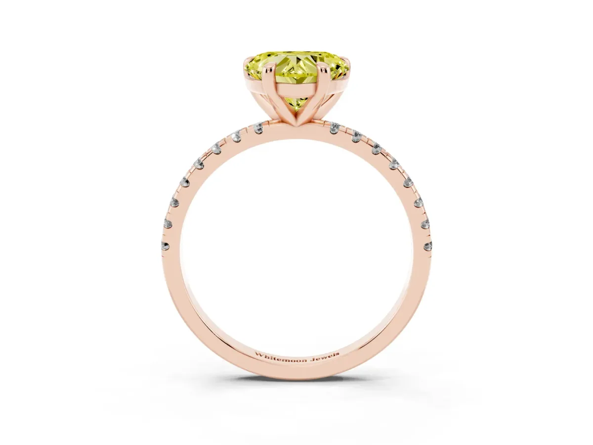 Fancy Yellow Heart Cut Diamond Brilliant Solitaire Ring with Pavé Band and Four-Prong Setting Rose gold