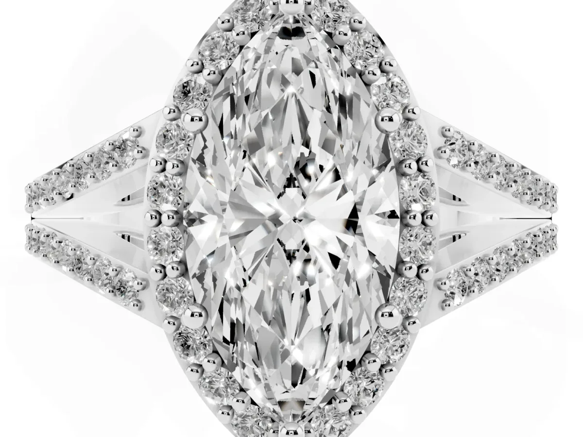 Marquise Cut Halo Split Shank Diamond Ring with Prong Setting Silver