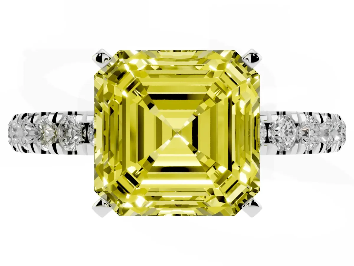 Fancy Yellow Asscher Cut Diamond Solitaire Ring with Pavé Accents and Four-Prong Setting Silver
