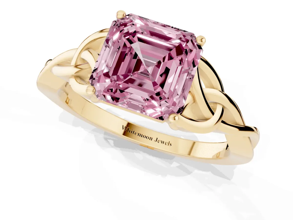 Fancy Pink Asscher Cut Diamond Solitaire Engagement Ring with Celtic Knot Band and Four-Prong Setting Yellow gold