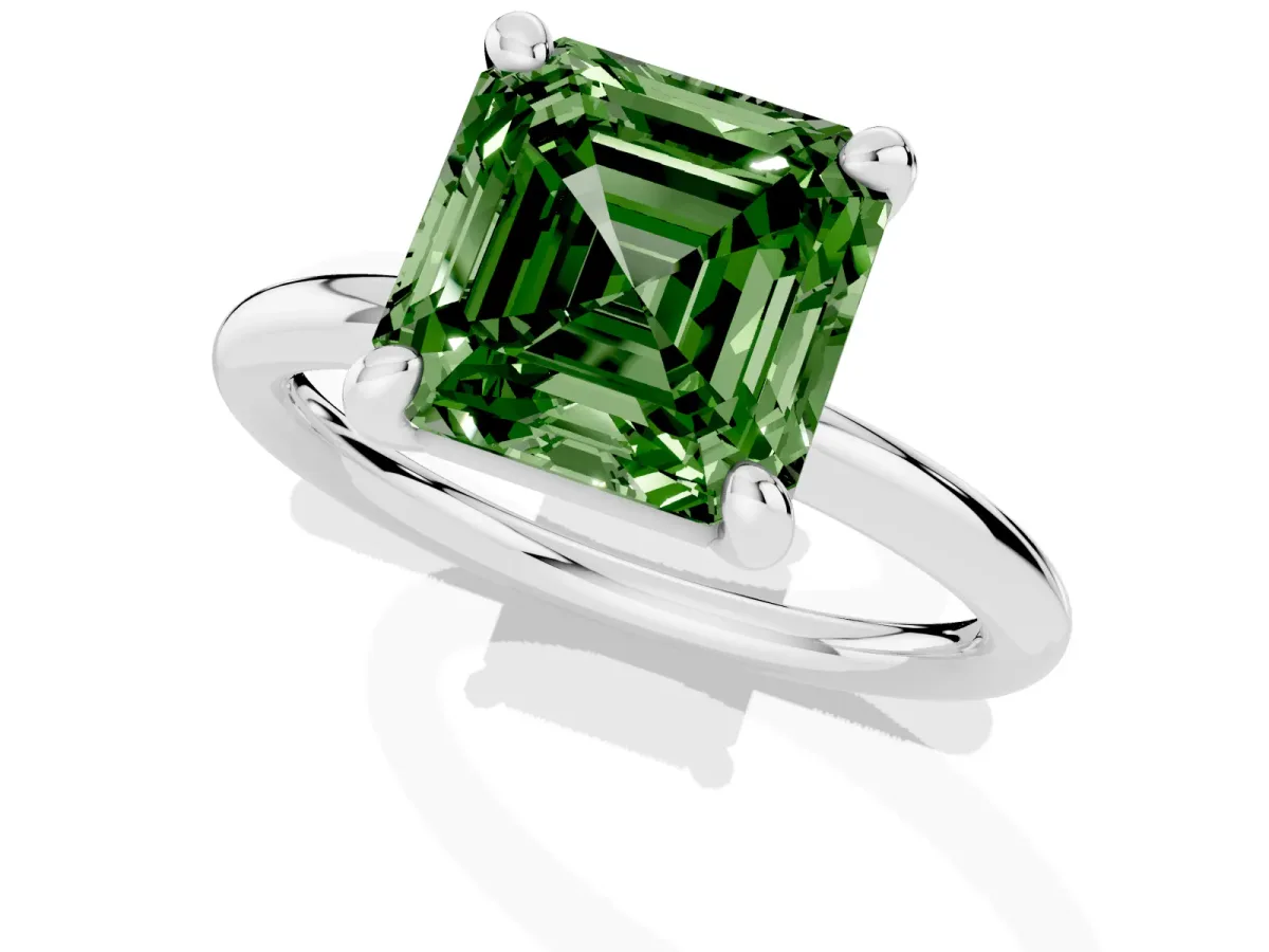 Fancy Green Asscher Cut Solitaire Diamond Ring with Four-Prong Setting on a Plain Band Platinum
