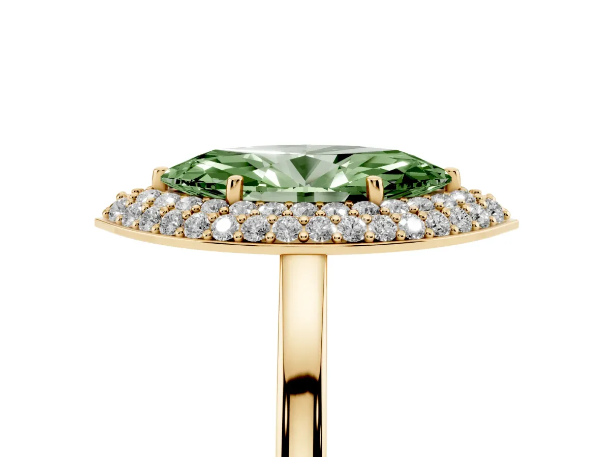 Fancy Green Marquise Cut Halo Diamond Engagement Ring with Solitaire Band and Four-Prong Setting Yellow gold