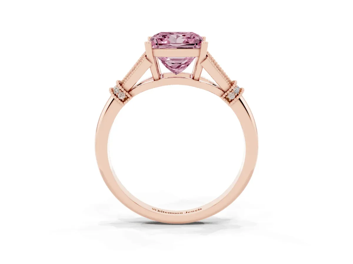 Fancy Pink Princess Cut Diamond Solitaire Ring with Floral Filigree and Pave Accents Rose gold