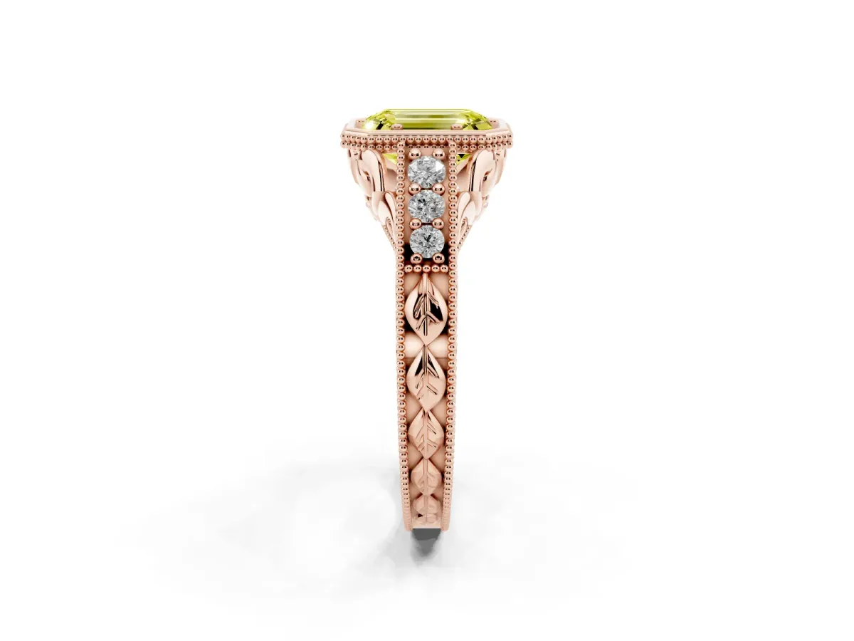 Fancy Yellow Bezel Set Emerald Cut Diamond Milgrain Pave Engagement Ring Rose gold