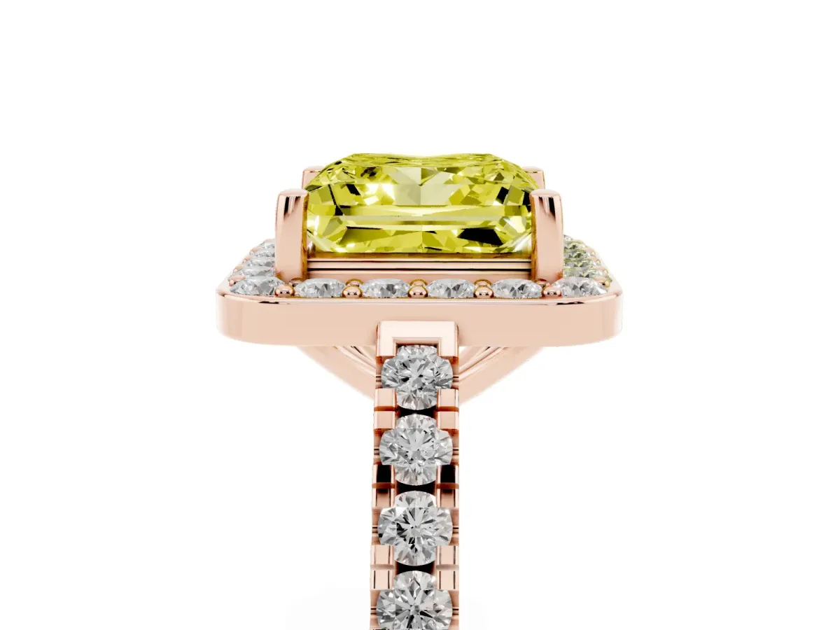 Fancy Yellow Princess Cut Diamond Halo Ring with Round Pavé Split Shank and Prong Setting Rose gold