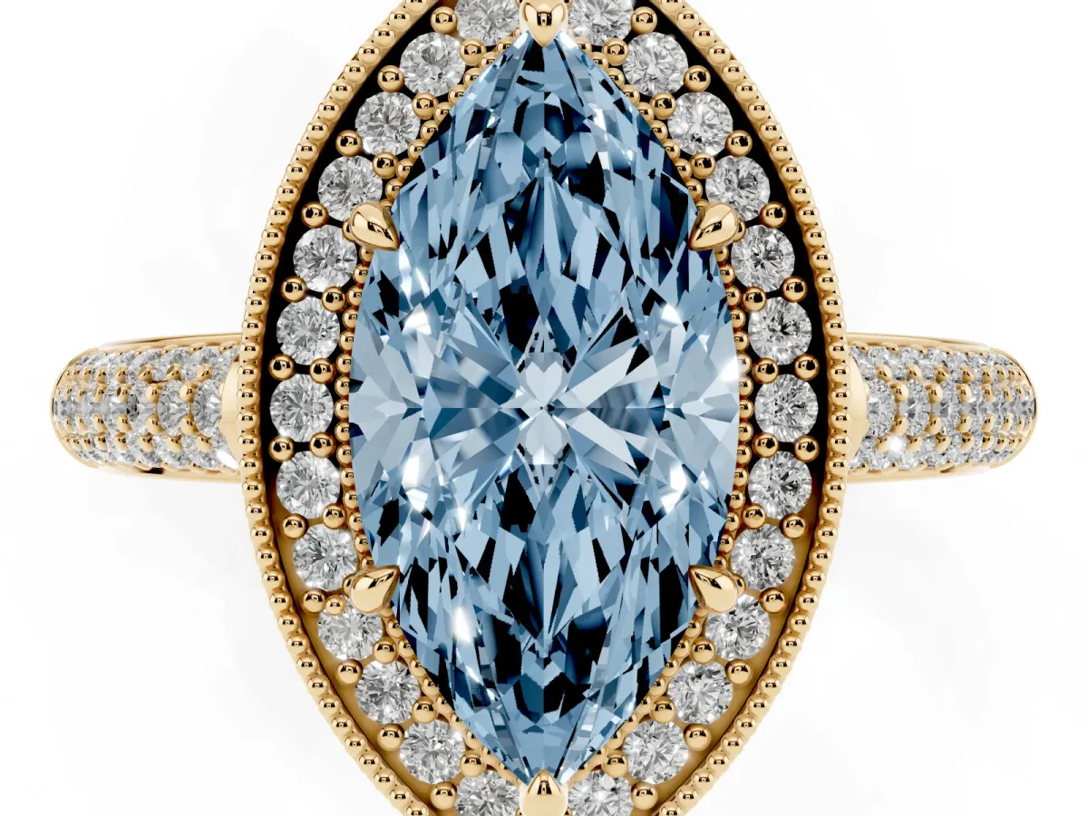 Fancy Blue Marquise Cut Cut Halo Diamond Pave Band with Four-Prong Setting Yellow gold