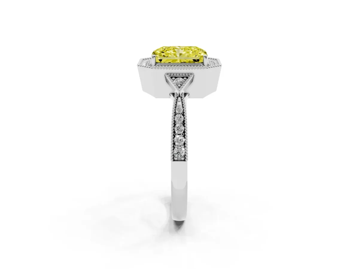Fancy Yellow Radiant Cut Halo Round Diamond Milgrain Pave Engagement Ring Platinum