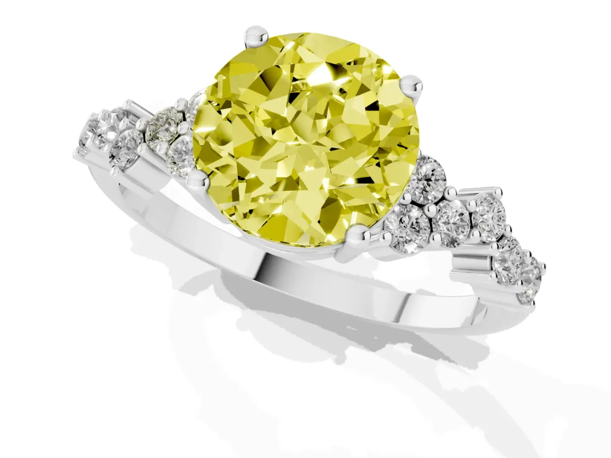 Fancy Yellow Round Cut Diamond Scattered Round Accent Ring with Prong Setting Silver