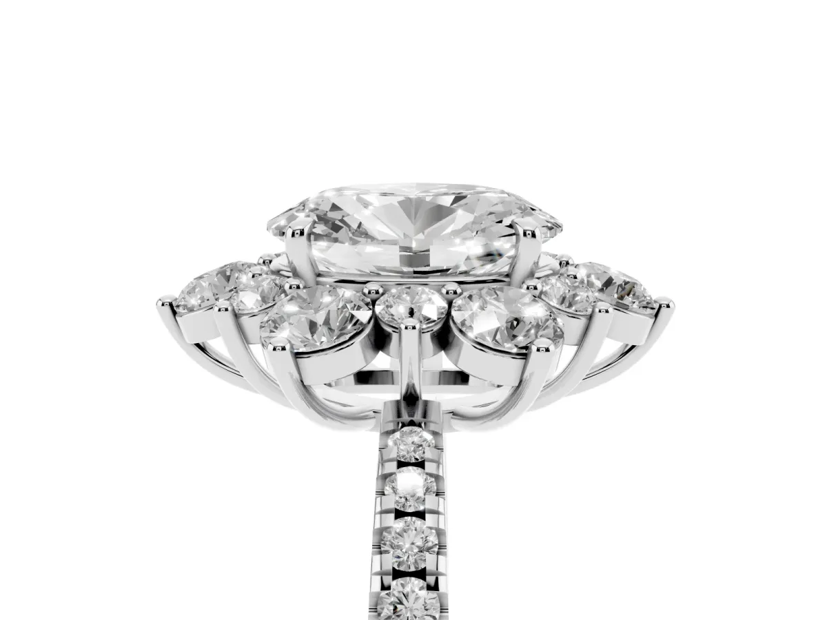 Oval Cut Diamond Floral Halo Ring with Round Pavé Band and Prong Setting White gold