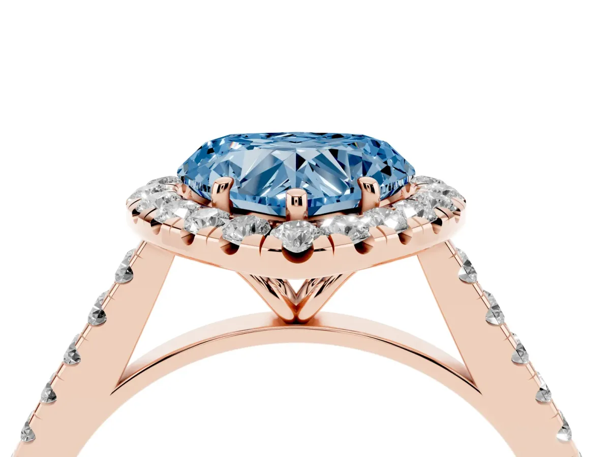 Fancy Blue Heart Cut Halo Pave Diamond Engagement Ring with Four-Prong Setting Rose gold