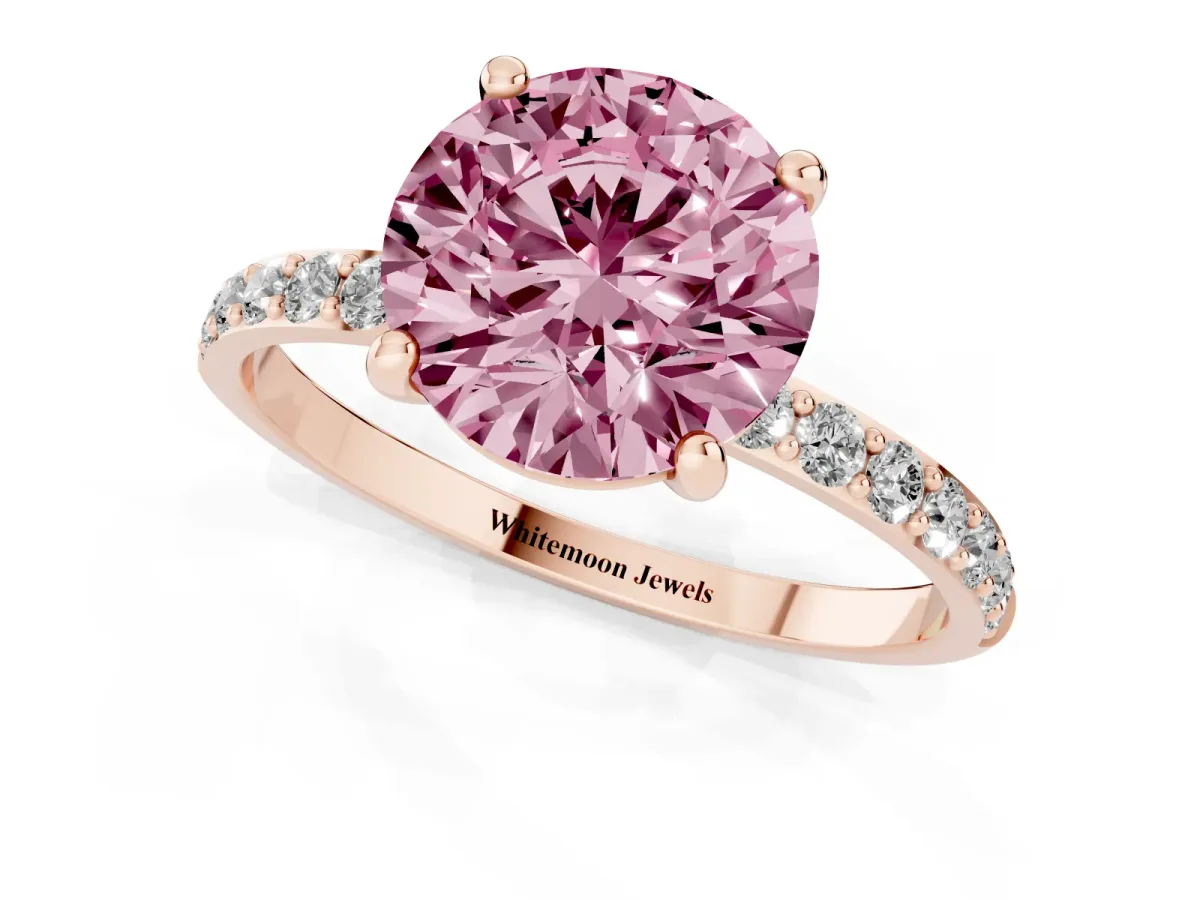 Fancy Pink Round Cut Diamond Solitaire Ring with Round Pavé Band and Prong Setting Rose gold