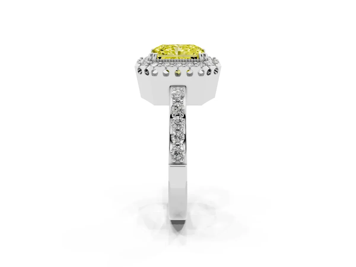 Fancy Yellow Radiant Cut Diamond Halo Ring with Pavé Band and Prong Setting White gold