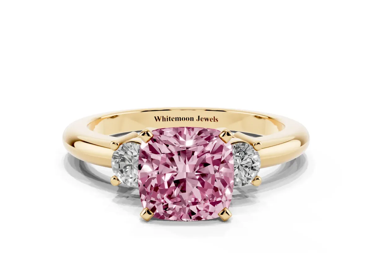 Fancy Pink Three-Stone Cushion Cut Cut Diamond Solitaire with Prong Setting and Classic Band Yellow gold