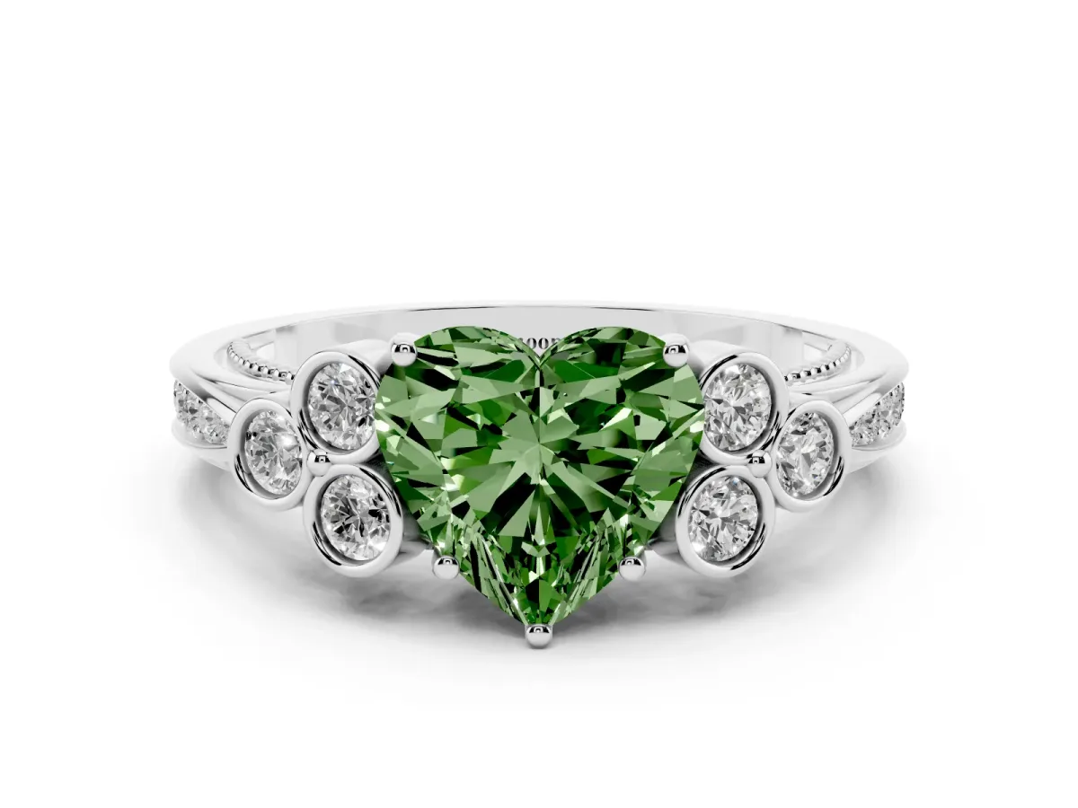 Fancy Green Heart Cut Cut Diamond Engagement Ring with Bezel Set Round Side Stones and Prong Setting Platinum