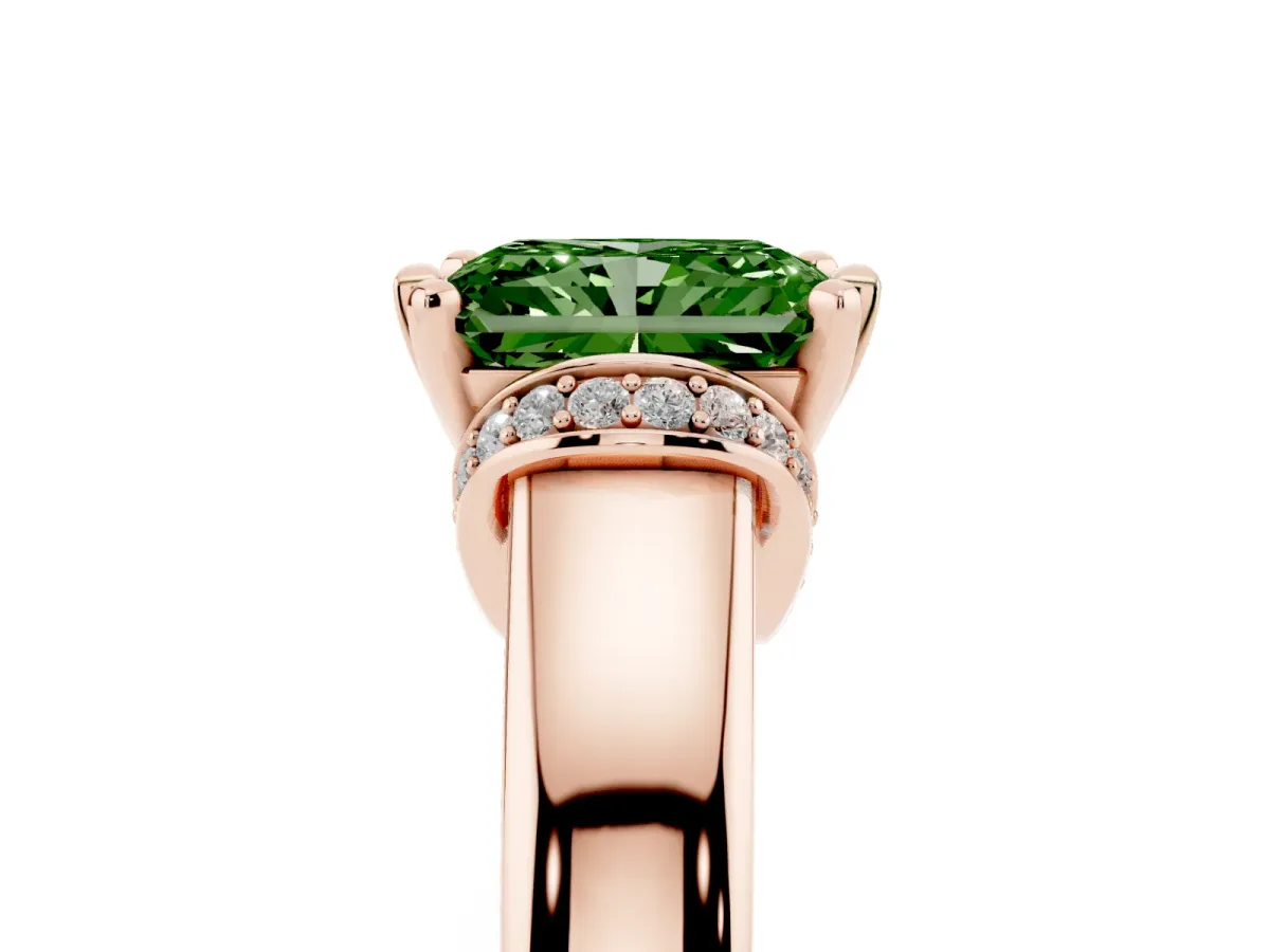 Fancy Green Radiant Cut Solitaire Diamond Ring with Pave Band and Six-Prong Setting Rose gold