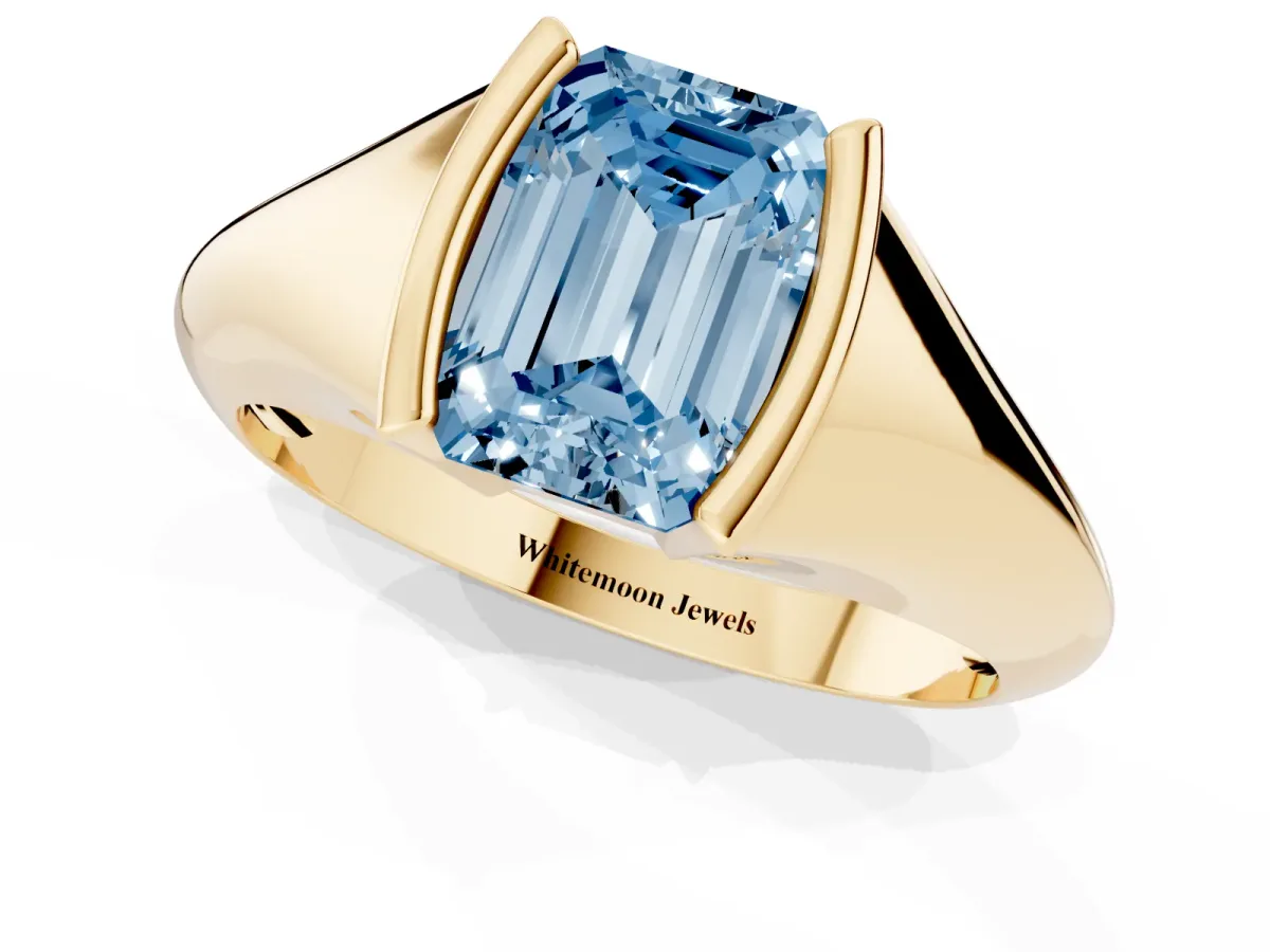 Fancy Blue Emerald Cut Solitaire Tension Set Diamond Ring Yellow gold