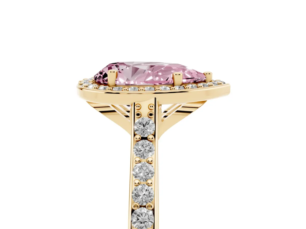 Fancy Pink Pear Cut Diamond Halo Engagement Ring with Round Pavé Shoulders and Prong Setting Yellow gold