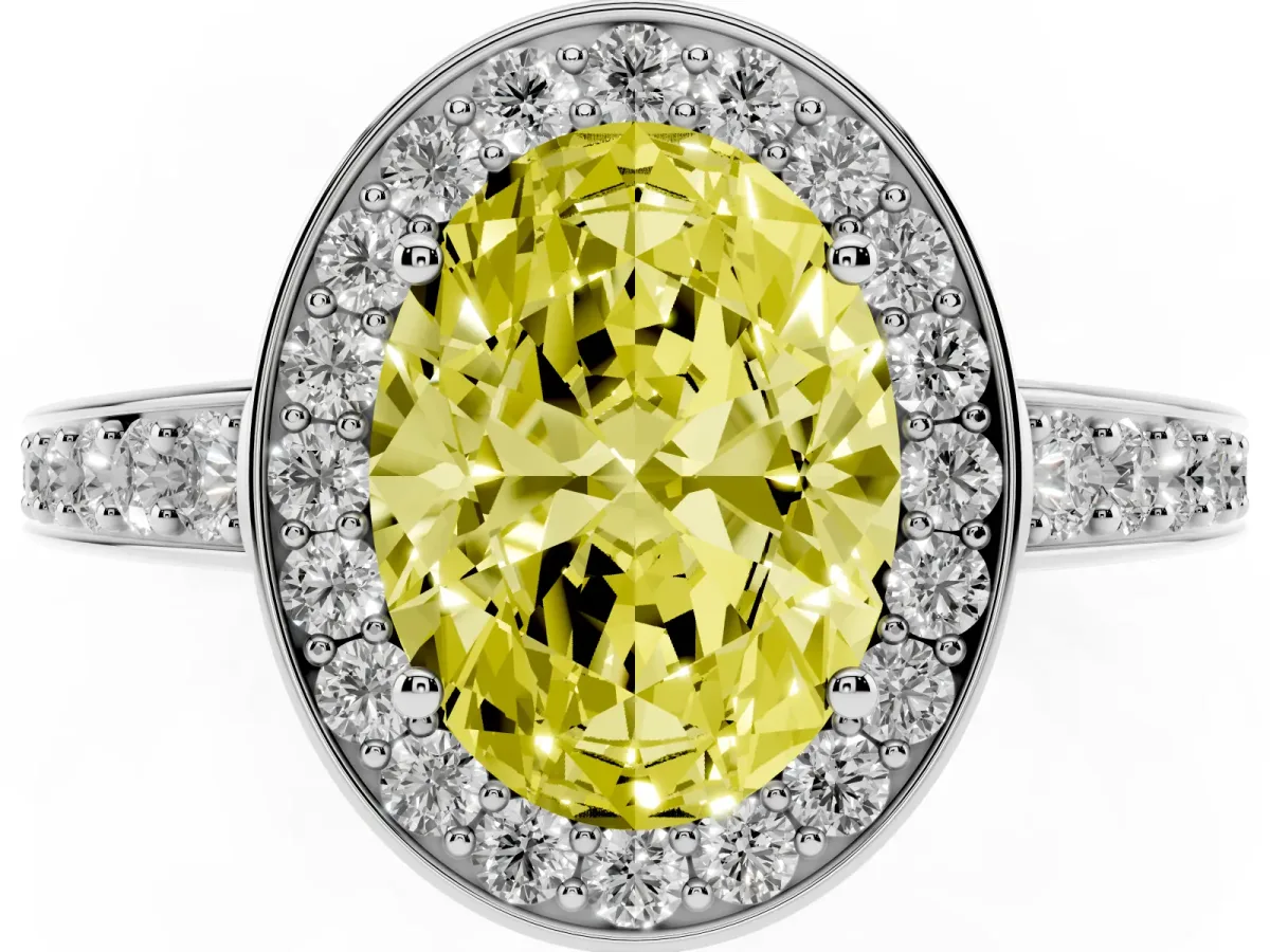 Fancy Yellow Oval Cut Halo Pavé Diamond Engagement Ring with Bezel Setting Silver