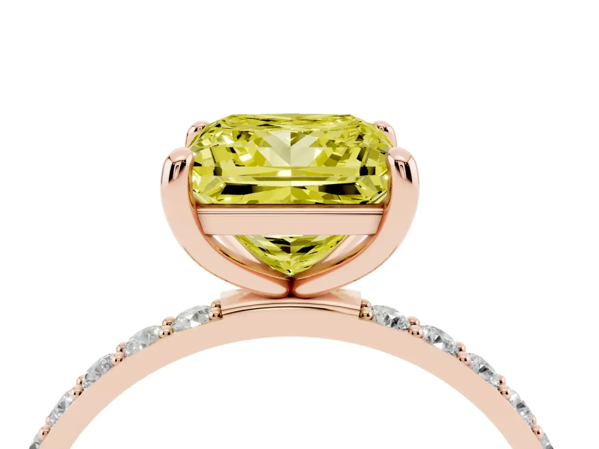 Fancy Yellow Princess Cut Diamond Solitaire Ring with Round Pavé Band and Prong Setting Rose gold