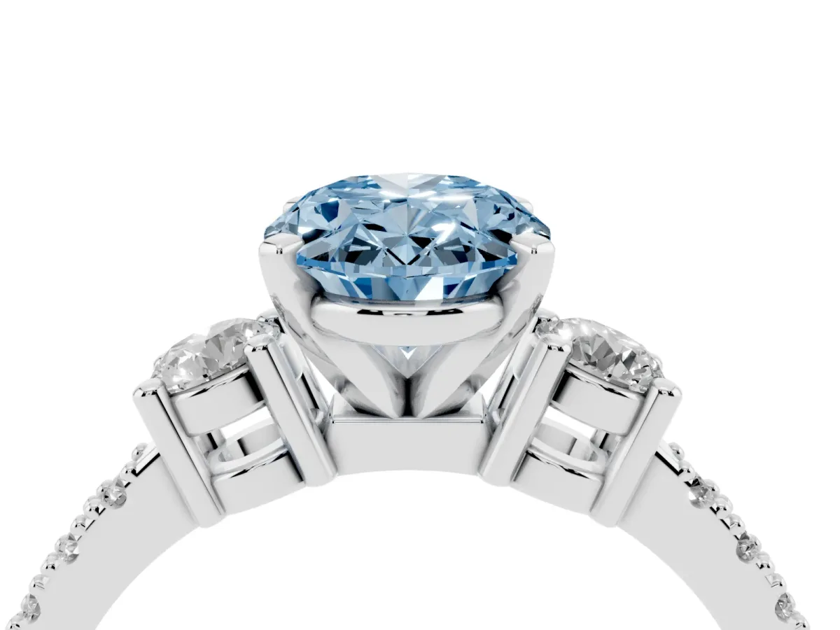 Fancy Blue Oval Cut Three-Stone Diamond Pavé Band with Prong Setting Silver