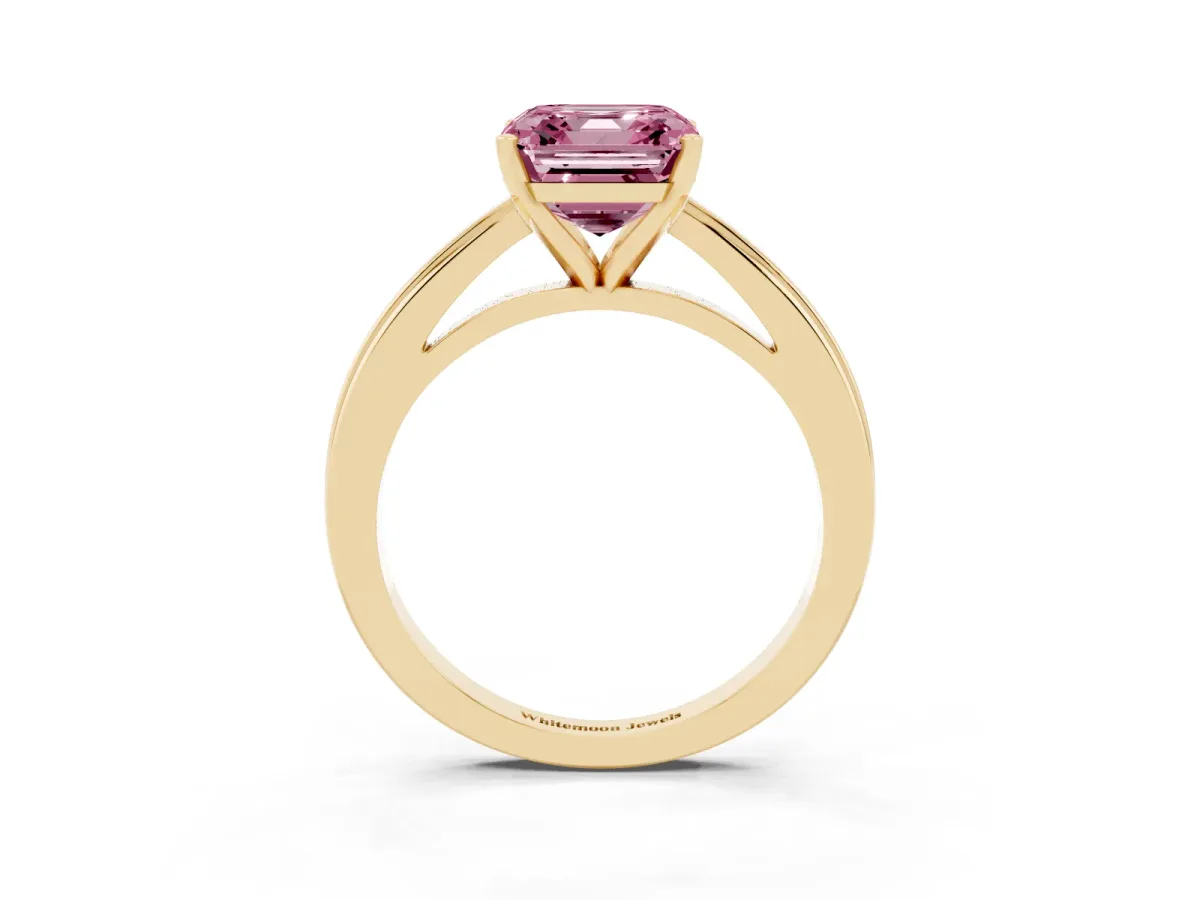 Fancy Pink Asscher Cut Solitaire Diamond Ring with Four-Prong Setting and Classic Band Yellow gold