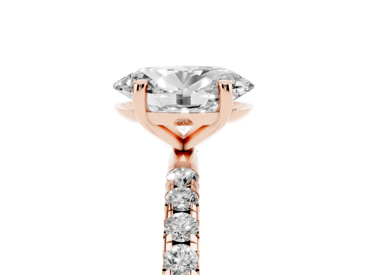 Oval Cut Cut Diamond Solitaire Ring with Micro Pave Band and Four Prong Setting Rose gold