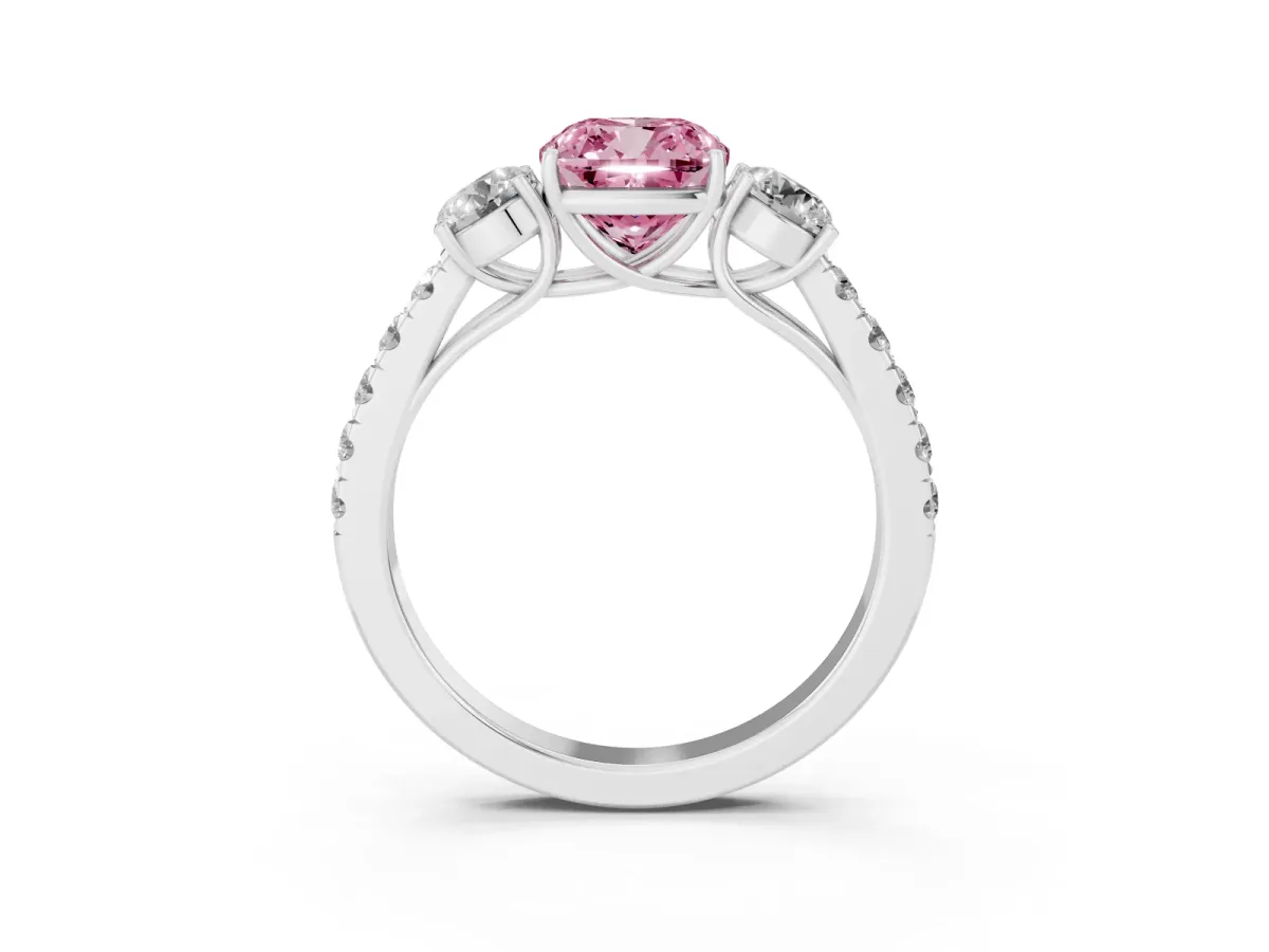 Fancy Pink Cushion Cut Cut Diamond Three-Stone Ring with Round Side Stones and Pavé Band Platinum