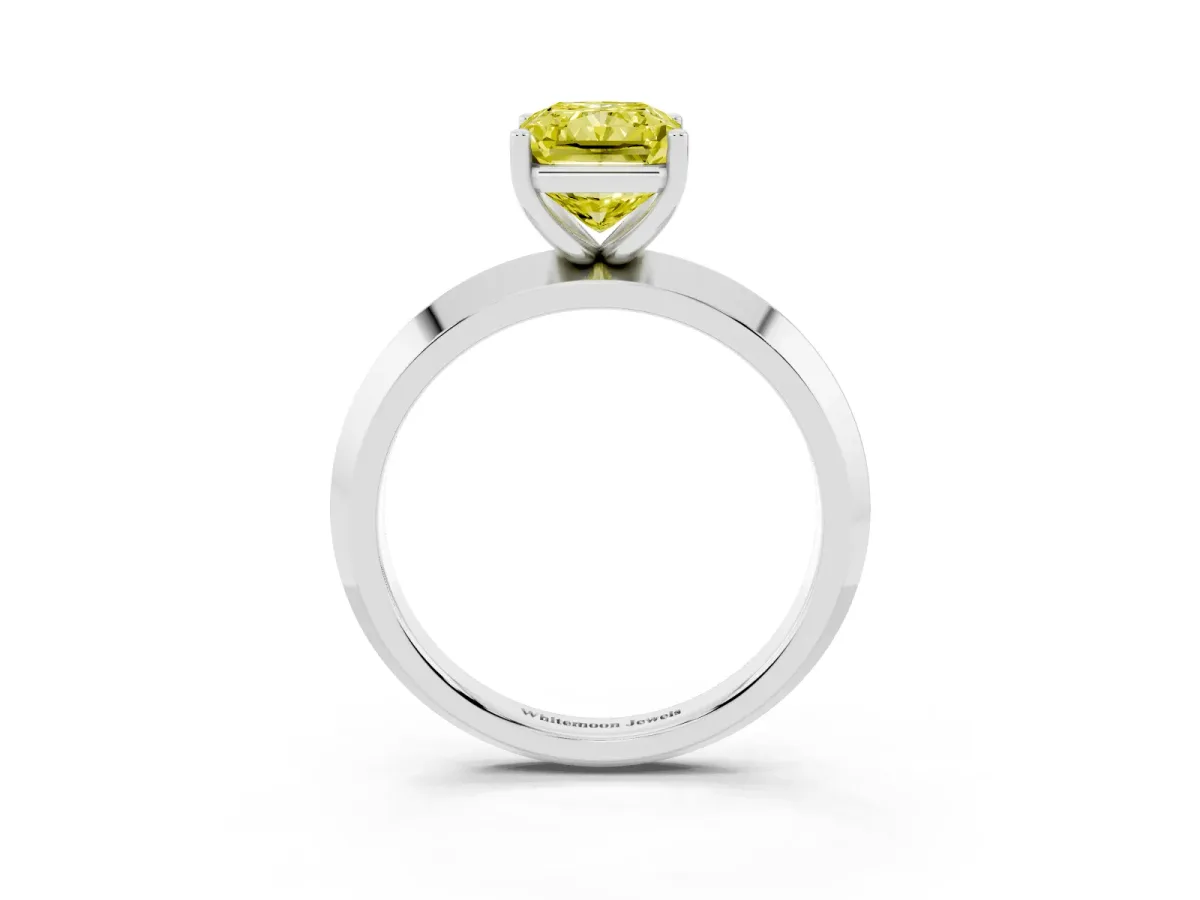 Fancy Yellow Radiant Cut Cut Solitaire Engagement Ring with Flat Band and Four-Prong Setting Platinum