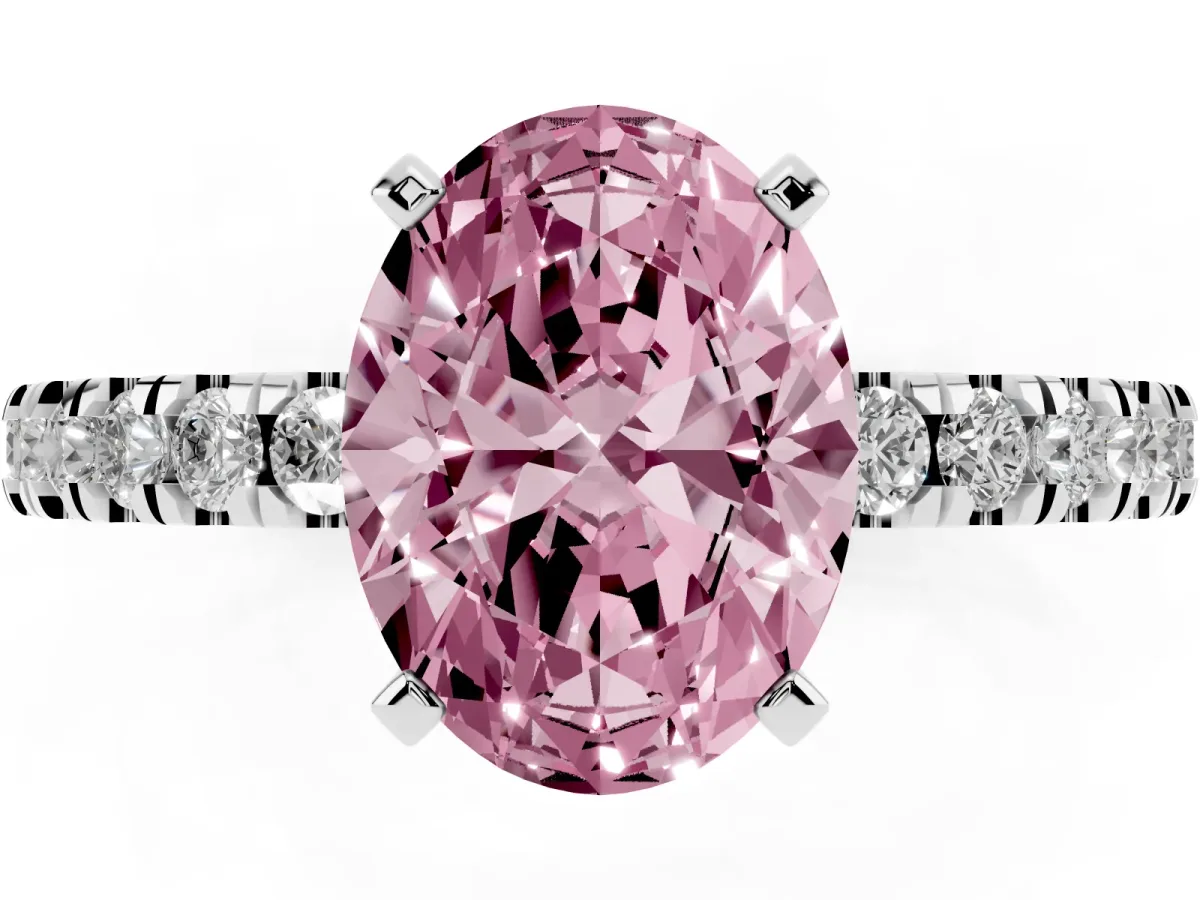 Fancy Pink Oval Cut Solitaire Diamond with Pavé Band and Four-Prong Setting Silver