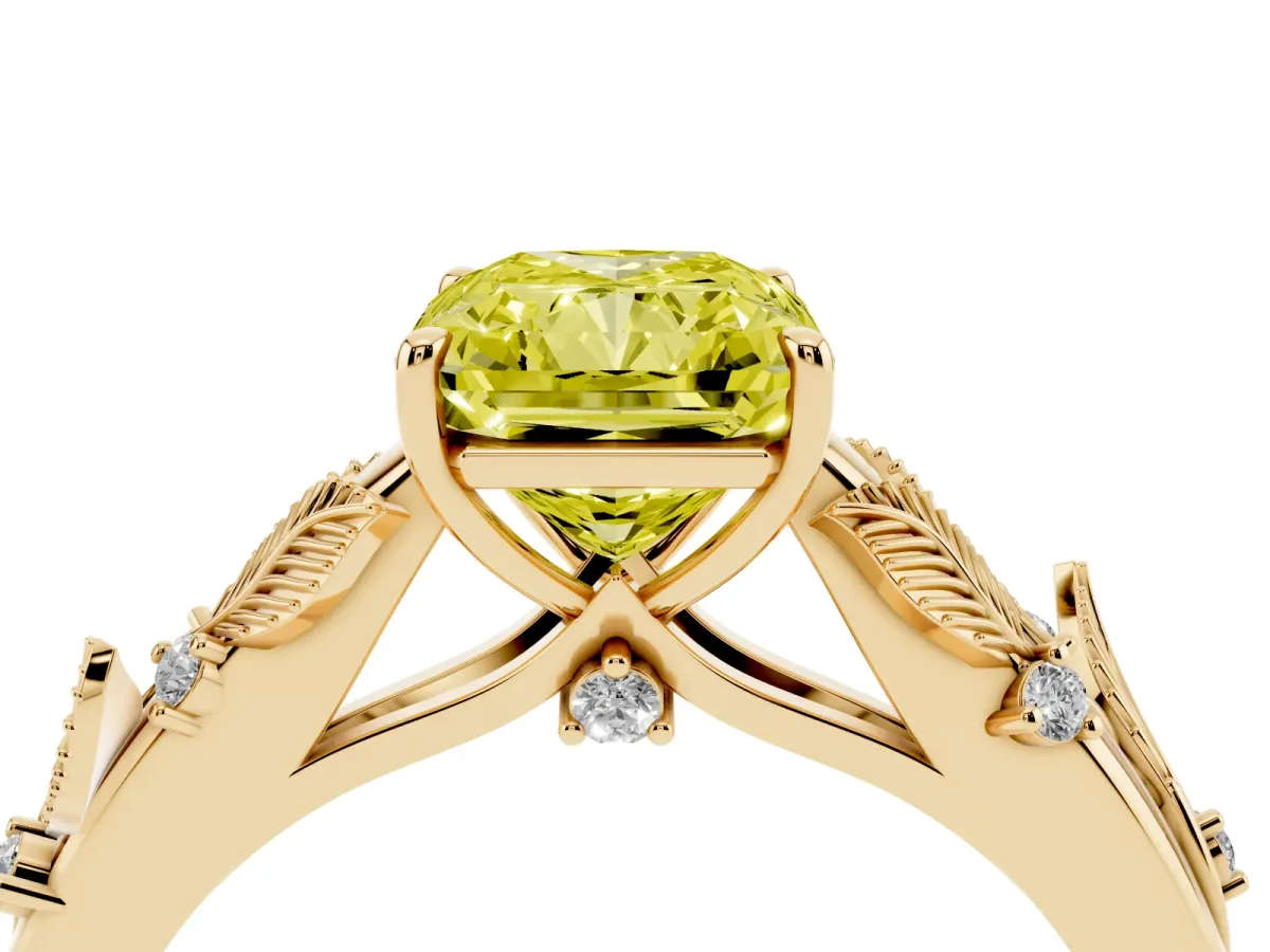 Fancy Yellow Radiant Cut Diamond Solitaire Ring with Leaf Motif Band and Four-Prong Setting Yellow gold