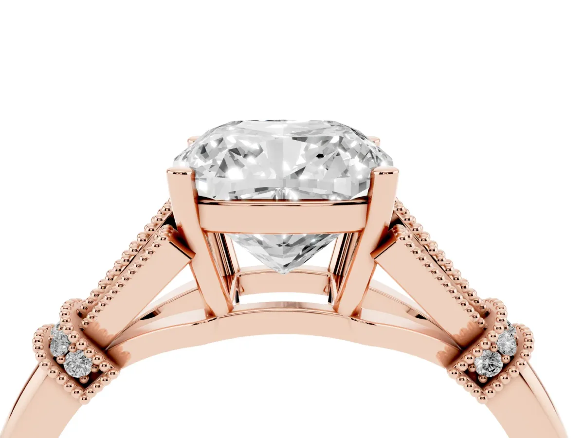 Cushion Cut Diamond Solitaire Ring with Floral Filigree and Pave Accents Rose gold