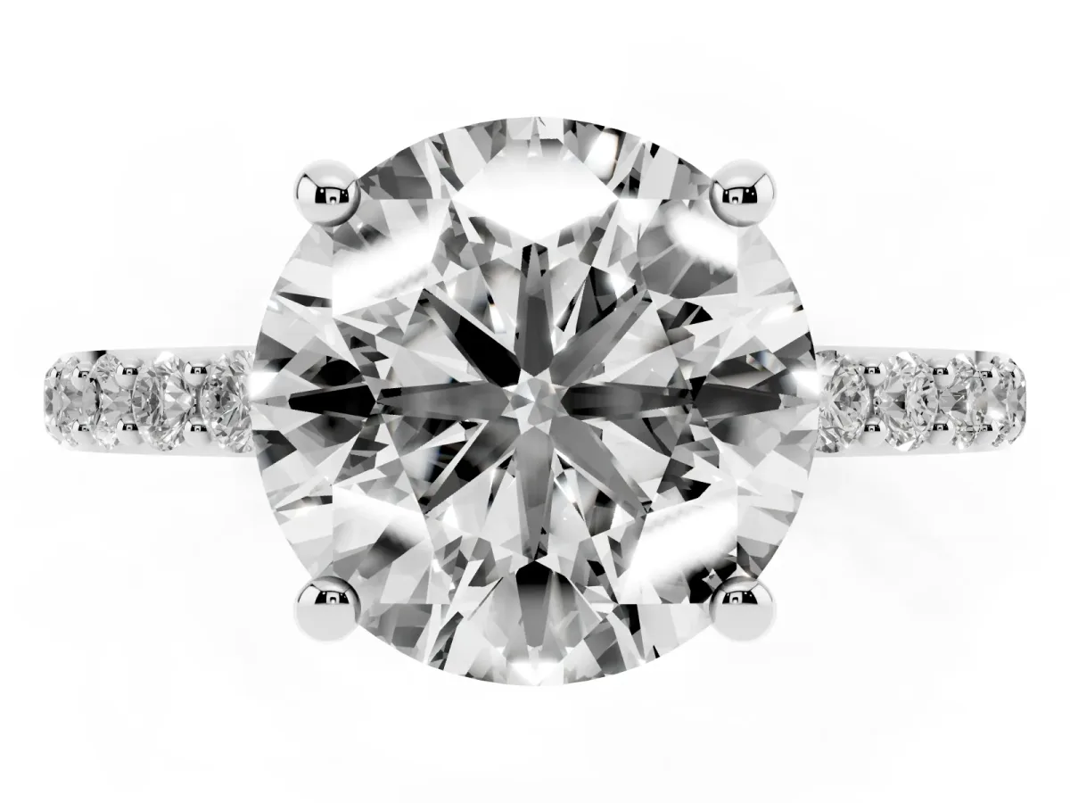 Round Cut Diamond Solitaire Ring with Round Pavé Band and Prong Setting Platinum