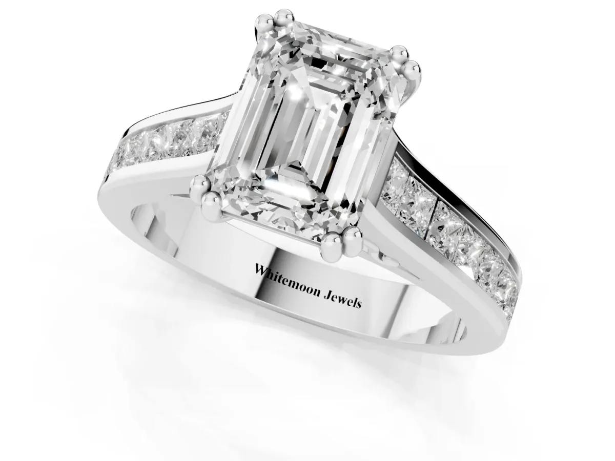 Emerald Cut Cut Channel Set Solitaire Engagement Ring with Prong Setting Platinum
