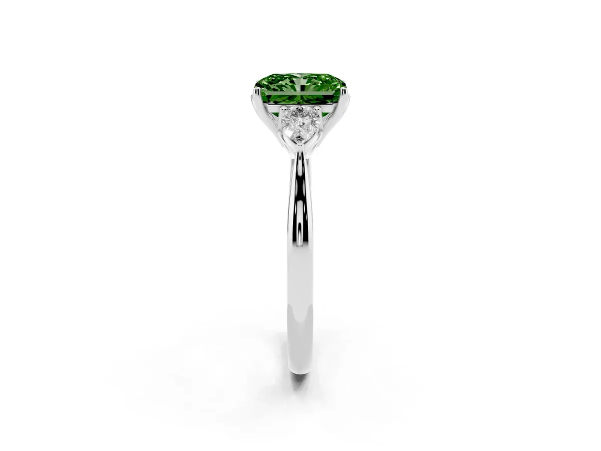 Fancy Green Radiant Cut Diamond Three-Stone Ring with Pear Side Stones and Prong Setting Platinum