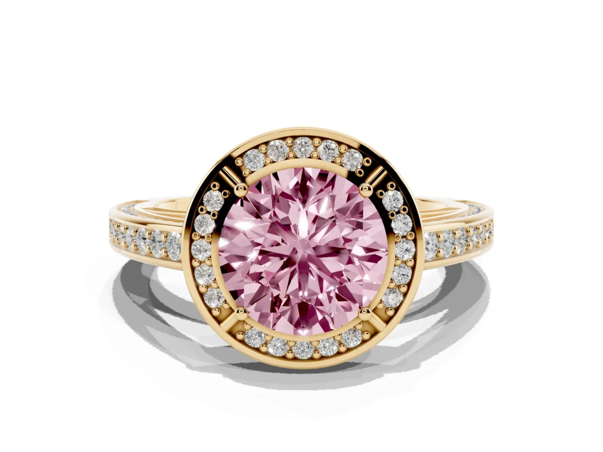 Fancy Pink Round Cut Cut Halo Pave Split Shank Prong Setting Ring Yellow gold