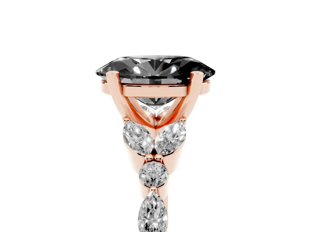 Fancy Black Oval Cut Diamond Solitaire Ring with Side Stones and Four-Prong Setting Rose gold