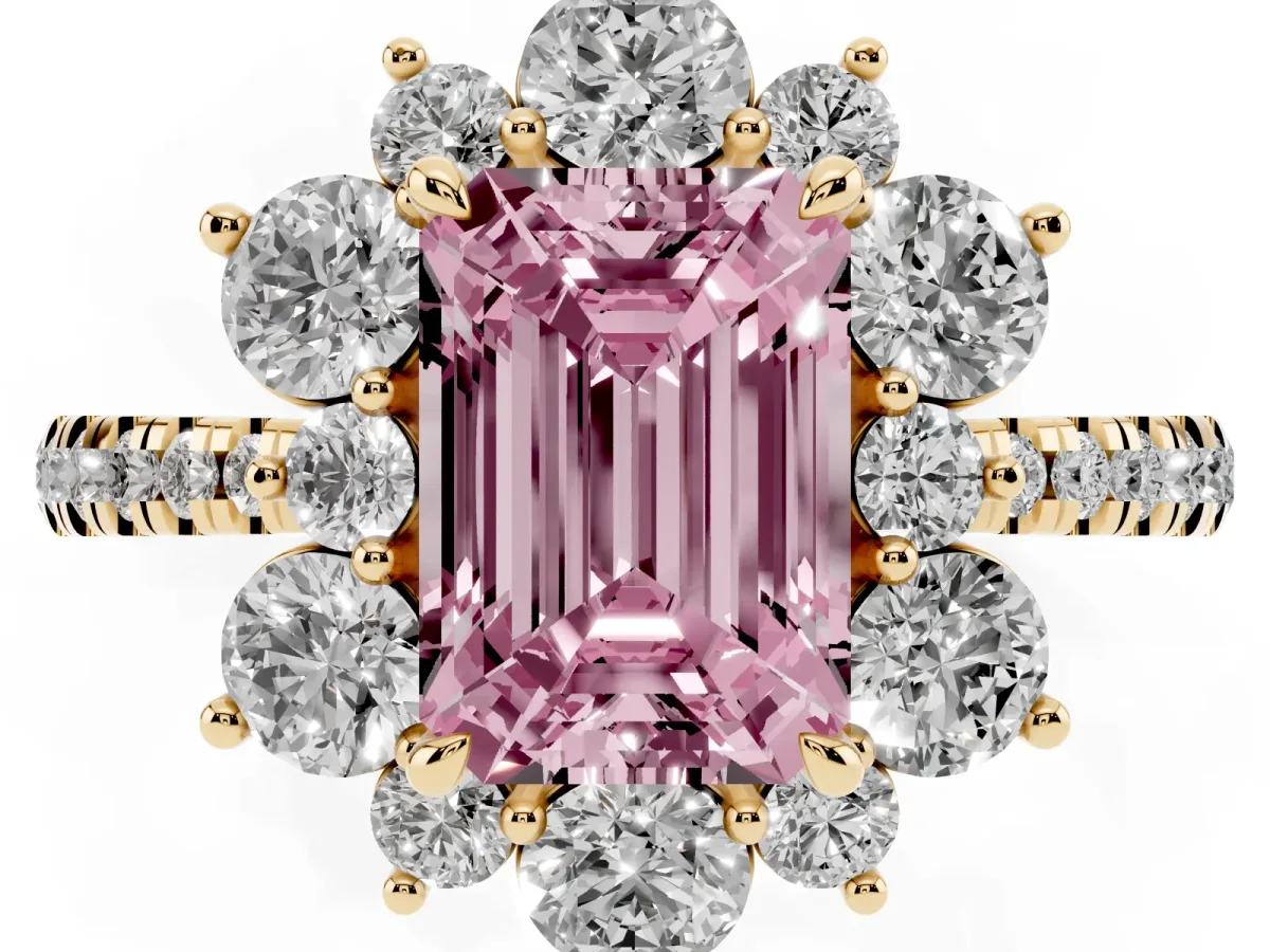 Fancy Pink Emerald Cut Diamond Floral Halo Ring with Round Pavé Band and Prong Setting Yellow gold