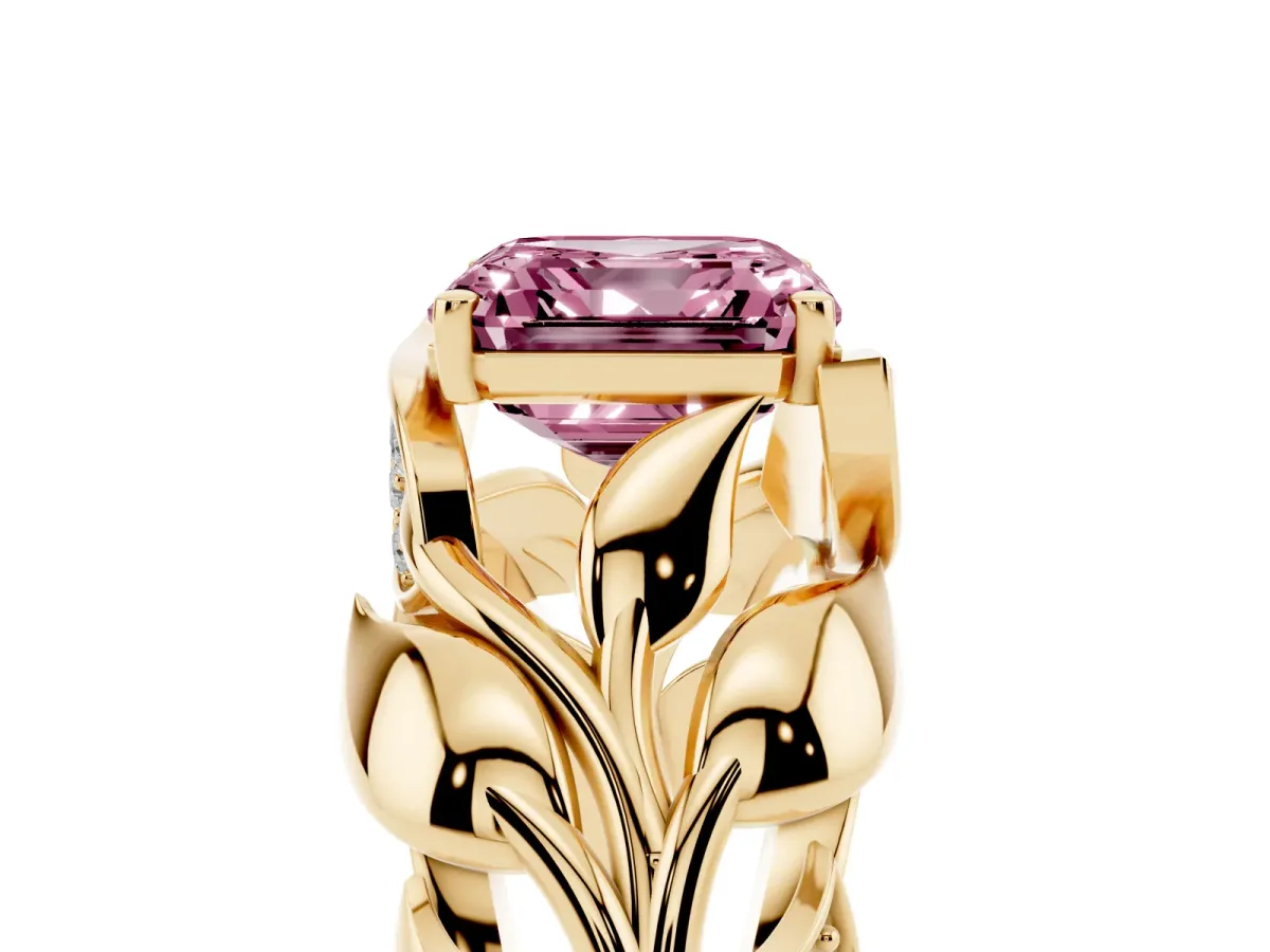 Fancy Pink Asscher Cut Diamond Leaf-Inspired Engagement Ring with Round Accents and Prong Setting Yellow gold