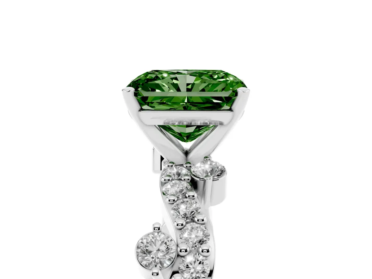 Fancy Green Radiant Cut Cut Solitaire Diamond Twisted Band with Pave Setting Platinum