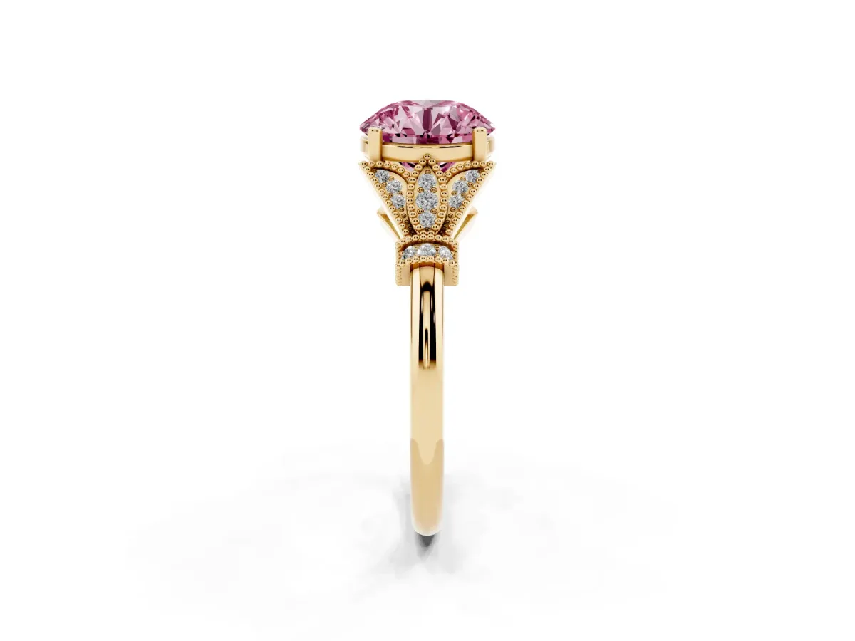 Fancy Pink Round Cut Diamond Solitaire Ring with Floral Filigree and Pave Accents Yellow gold