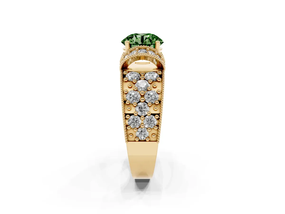 Fancy Green Round Cut Halo Pave Diamond Engagement Ring with Milgrain Detailing Yellow gold
