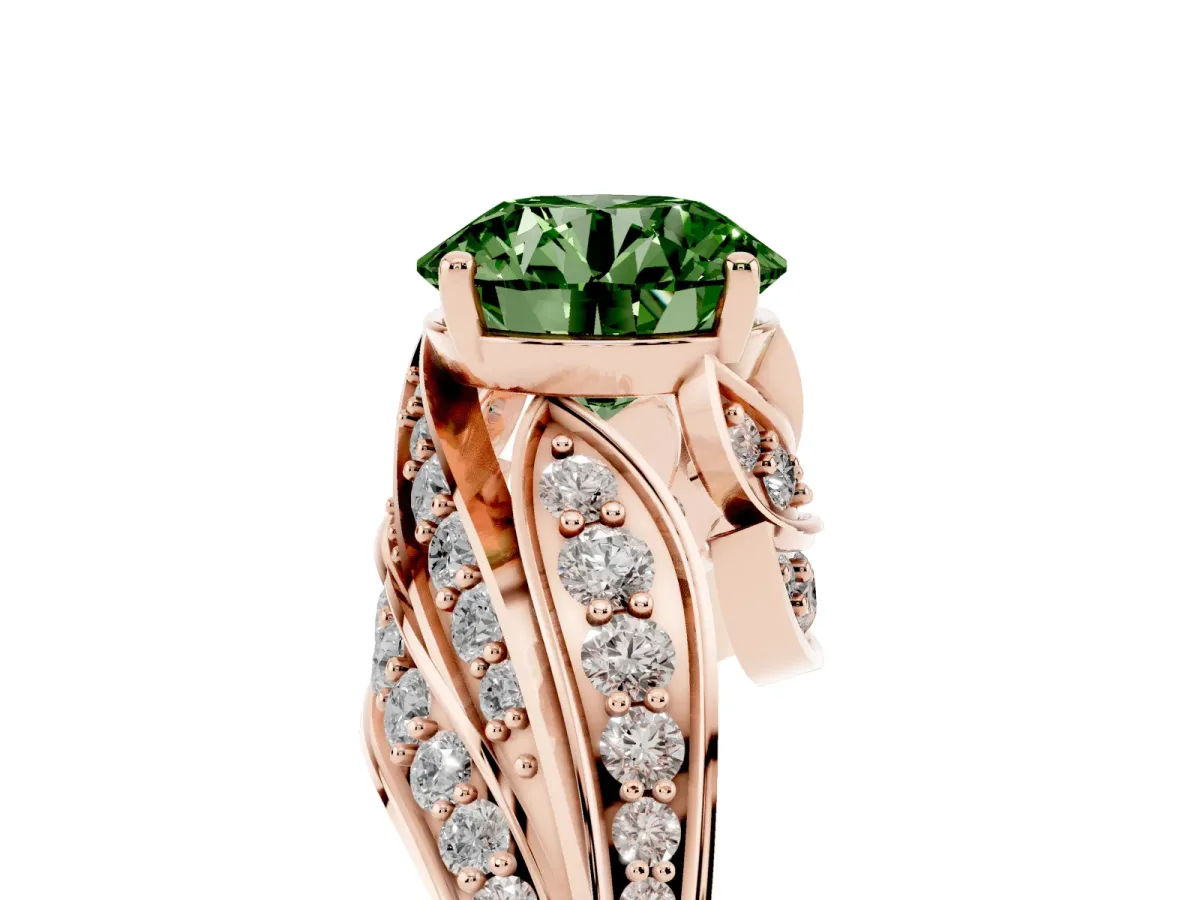 Fancy Green Round Cut Diamond Solitaire Ring with Prong Setting and Twisted Pavé Band Rose gold