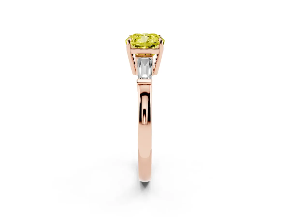 Fancy Yellow Cushion Cut Diamond Three-Stone Ring with Tapered Baguette Side Stones and Prong Setting Rose gold