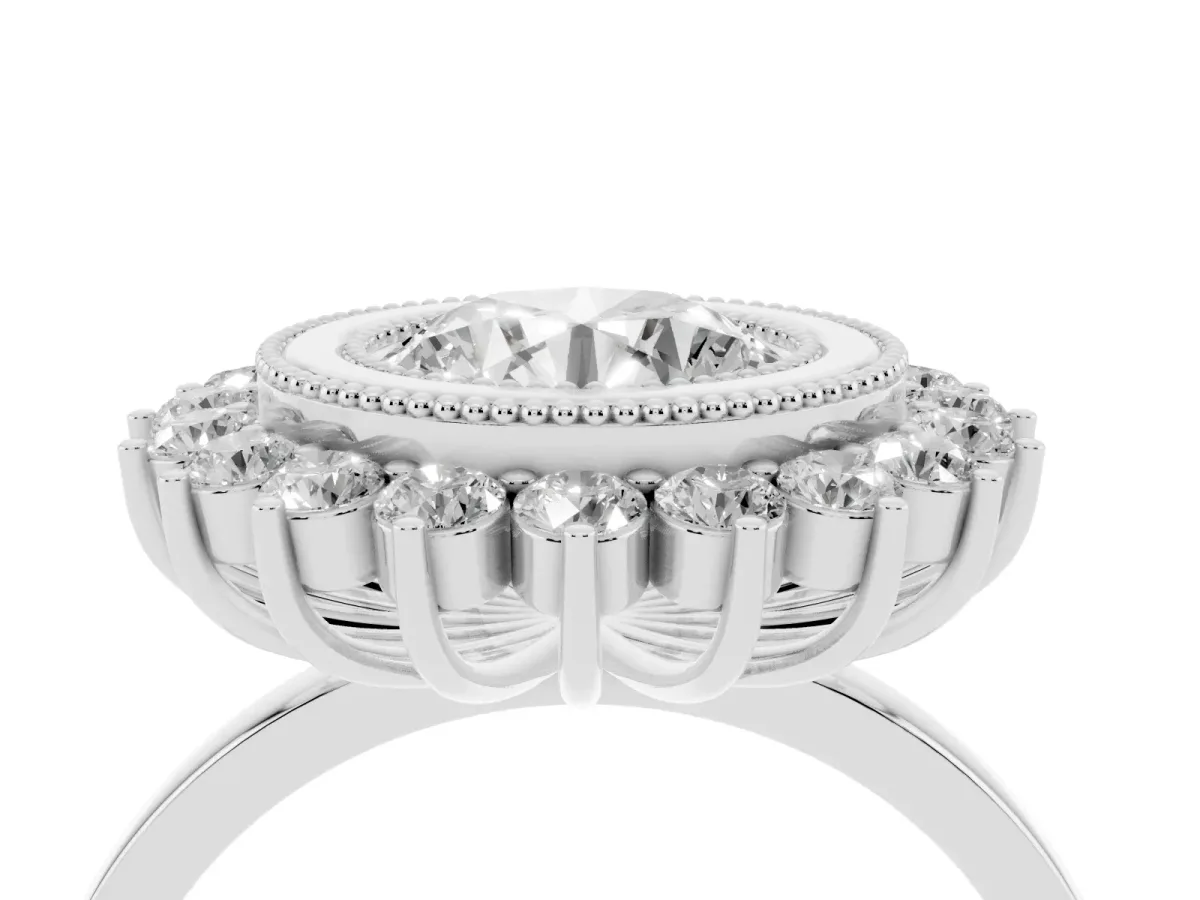 Round Cut Halo Diamond Ring with Milgrain Edge and Round Prong Setting Silver