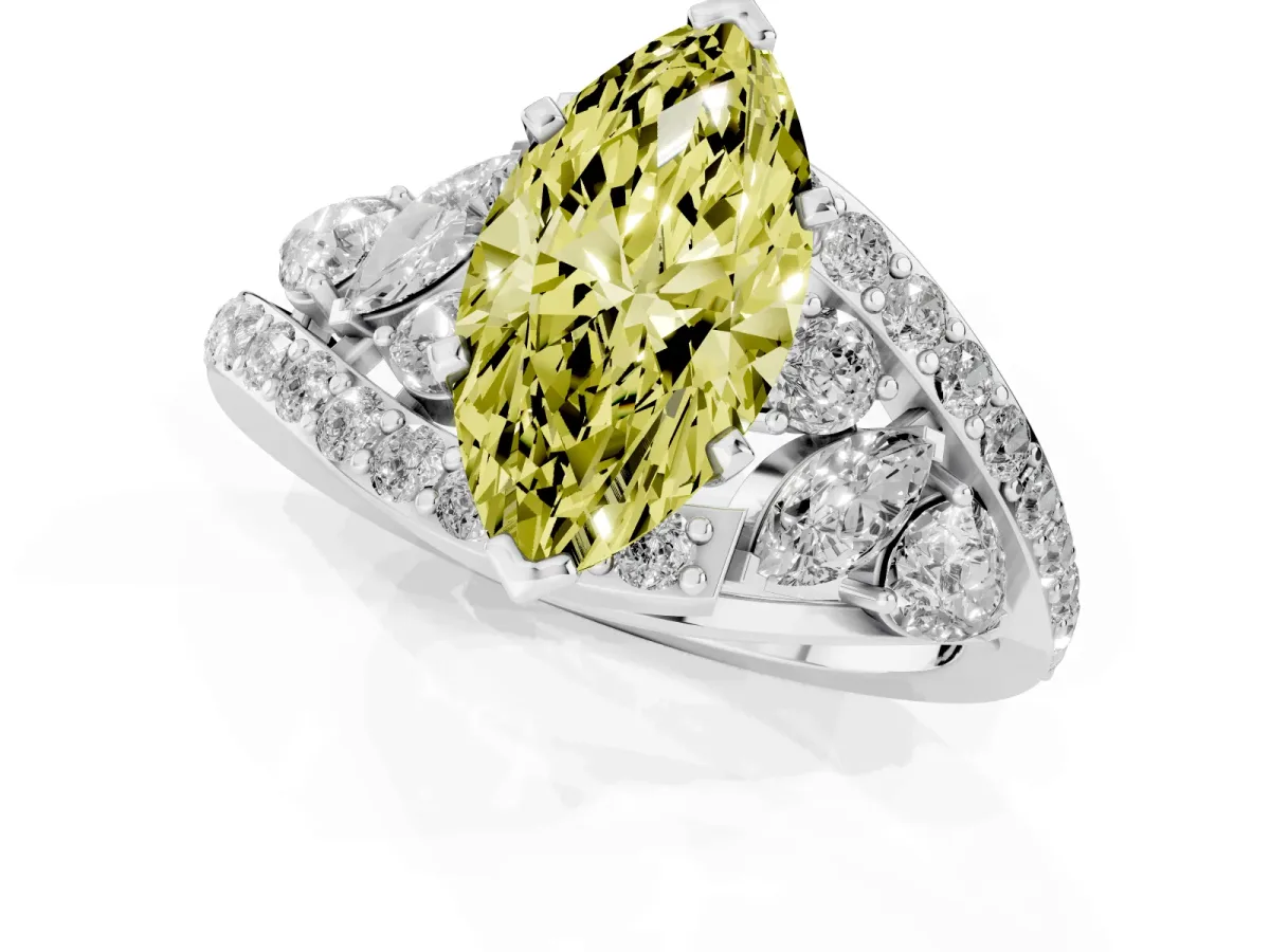 Fancy Yellow Marquise Cut Diamond Halo Ring with Marquise and Pavé Band in Prong Setting Platinum