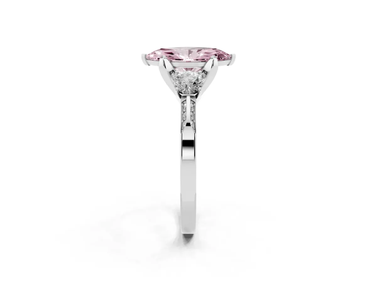 Fancy Pink Marquise Cut Brilliant Three-Stone Diamond Ring with Pavé Band and Four-Prong Setting Silver