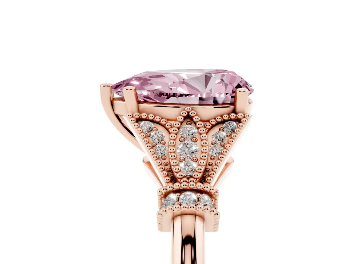 Fancy Pink Pear Cut Diamond Solitaire Ring with Floral Filigree and Pave Accents Rose gold