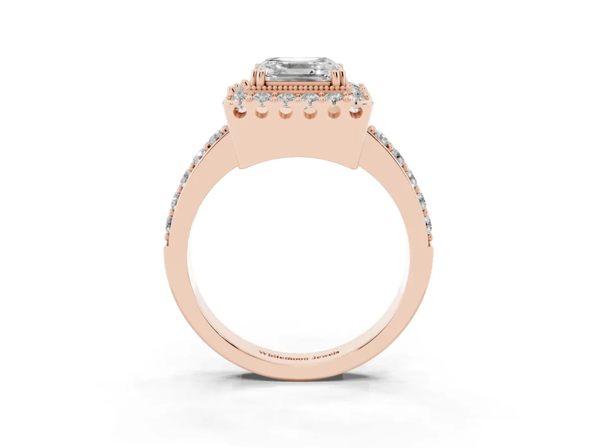 Asscher Cut Diamond Halo Ring with Pavé Band and Prong Setting Rose gold