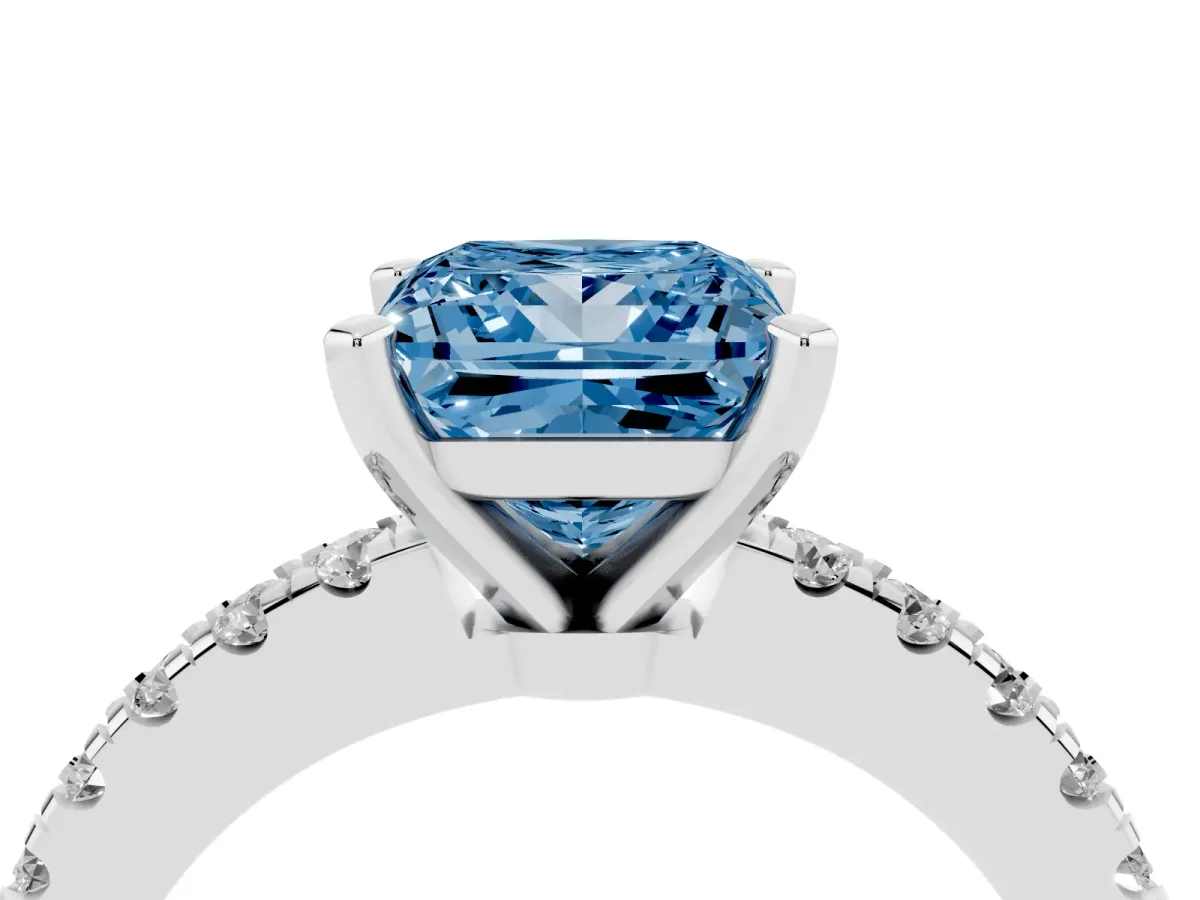 Fancy Blue Princess Cut Solitaire Diamond with Pavé Band and Four-Prong Setting Silver