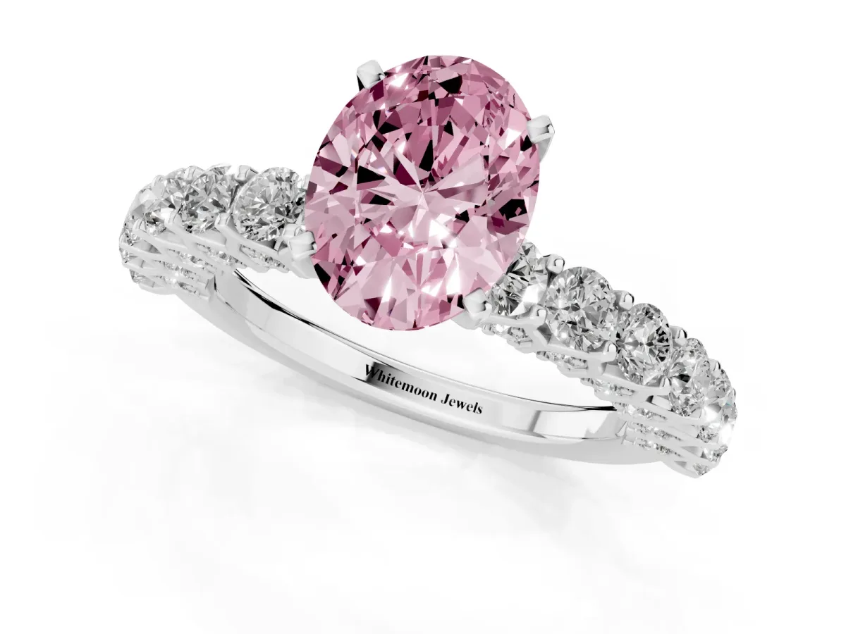 Fancy Pink Oval Cut Diamond Solitaire Ring with Shared Prong Pavé Band and Four-Prong Setting Silver